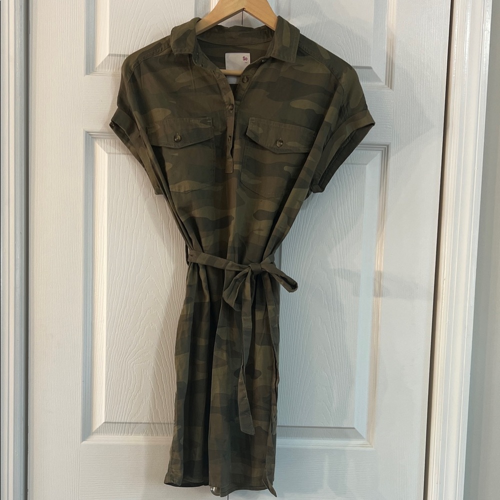 Camouflage Shirt Dress with Tie Waist